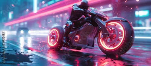 Futuristic Bodybuilder Competing on HighTech Bike in Bright Neon Cityscape © Sittichok