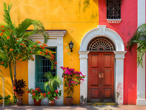 Vibrant Street Scene with Contrasting Colors: Yellow and Red Walls, Arched Wooden Door, Mint Green Door, Potted Palm Tree, Blooming Flowers, Cultural Architecture, Black Lantern Perfect Urban Decor