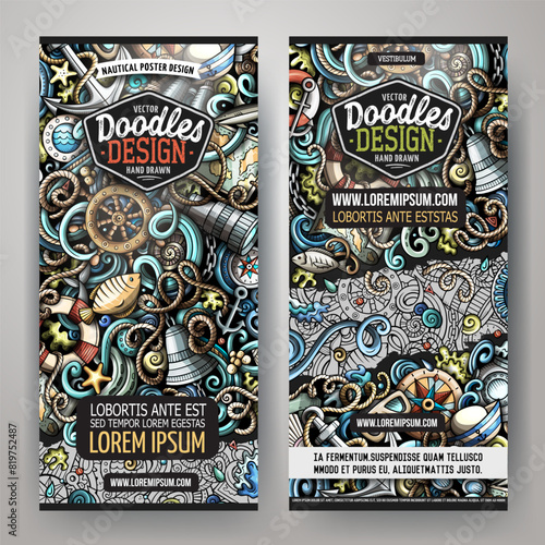 Cartoon vector doodle set of Nautical banners templates. Corporate identity for the use on invitations, cards, apps, branding, flyers, greeting cards, postcards, web design. Funny colorful illustratio