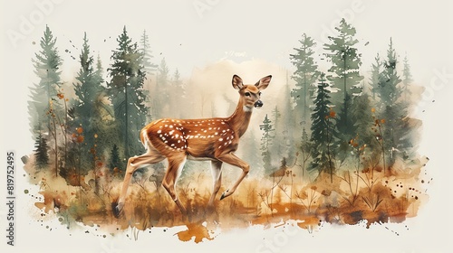 A graceful deer running through a forest  isolated on a white background with green and brown watercolor splashes