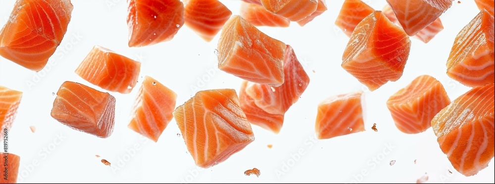 Fototapeta premium Several pieces of salmon in cubes, with some pinkish color and slightly smoky hues on the surface floating on white background, with light grey sea salt around them. Fish cubes float gracefully 