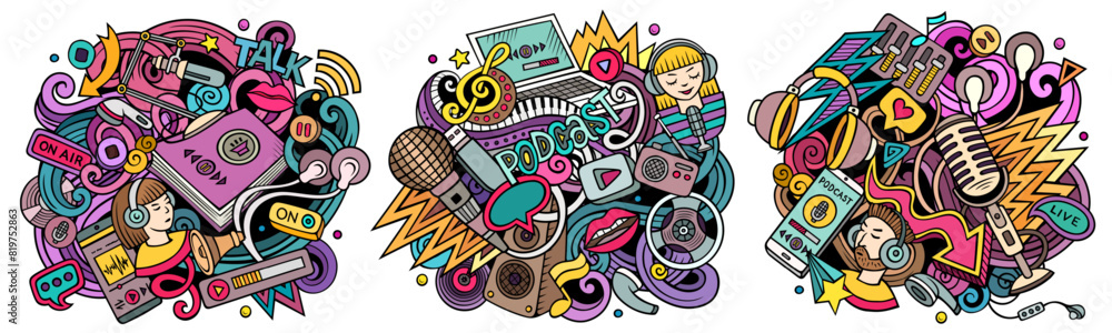 Fototapeta premium Audio content cartoon vector doodle designs set. Colorful detailed compositions with lot of media objects and symbols. Isolated on white illustrations