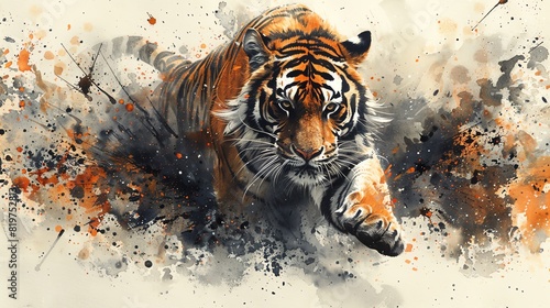 A majestic tiger prowling, surrounded by a mix of orange and black watercolor splashes