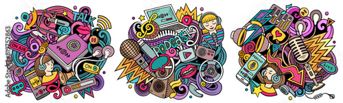 Audio content cartoon vector doodle designs set. Colorful detailed compositions with lot of media objects and symbols. Isolated on white illustrations