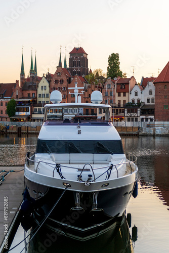 Luxury super yacht moored in Gdansk old city. Motor yacht. Beautiful view of Gdansk, Poland.