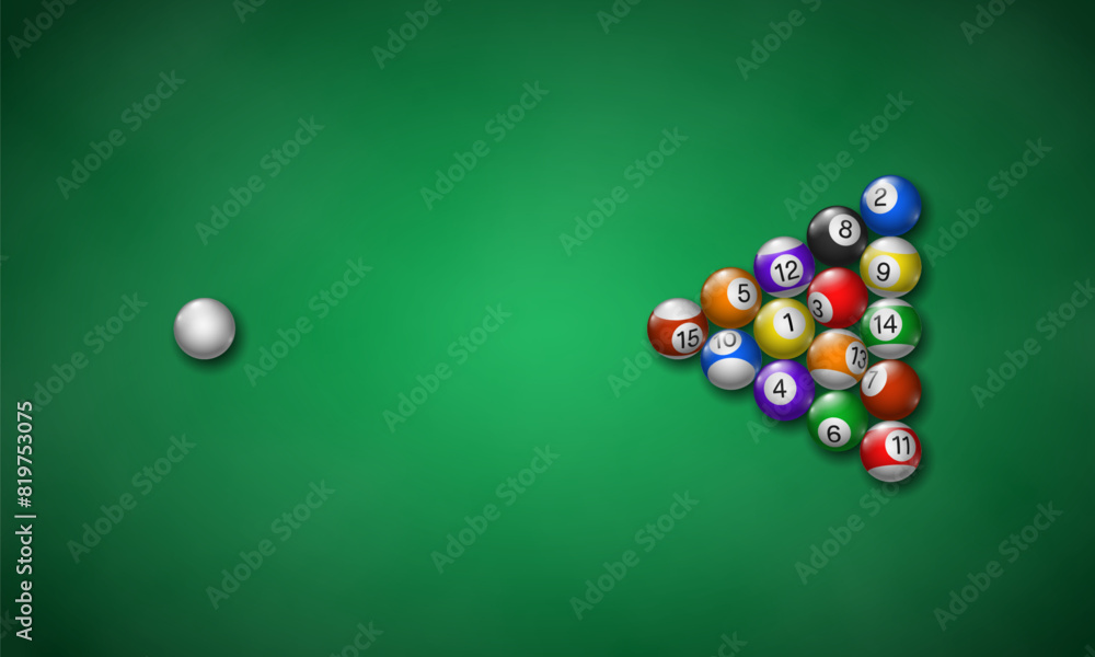 Billiard balls on table with green cloth. Pool table top view. Vector ...