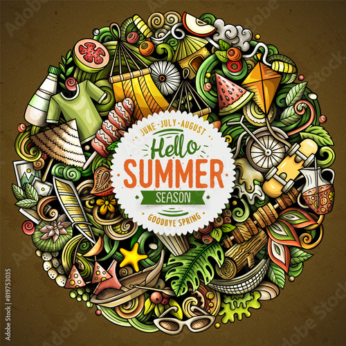 Summer cartoon vector doodles illustration. Summertime poster design. Season elements and objects background. Bright colors funny picture. All items are separated