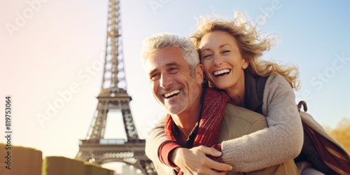 Mature couple showing love near eiffel tower.  Paris the city of love. Generative AI. © Nadejda