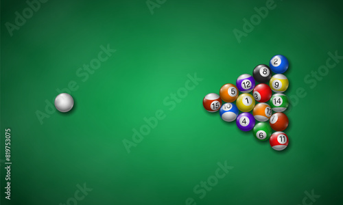 Billiard balls on table with green cloth. Pool table top view. Vector illustration.