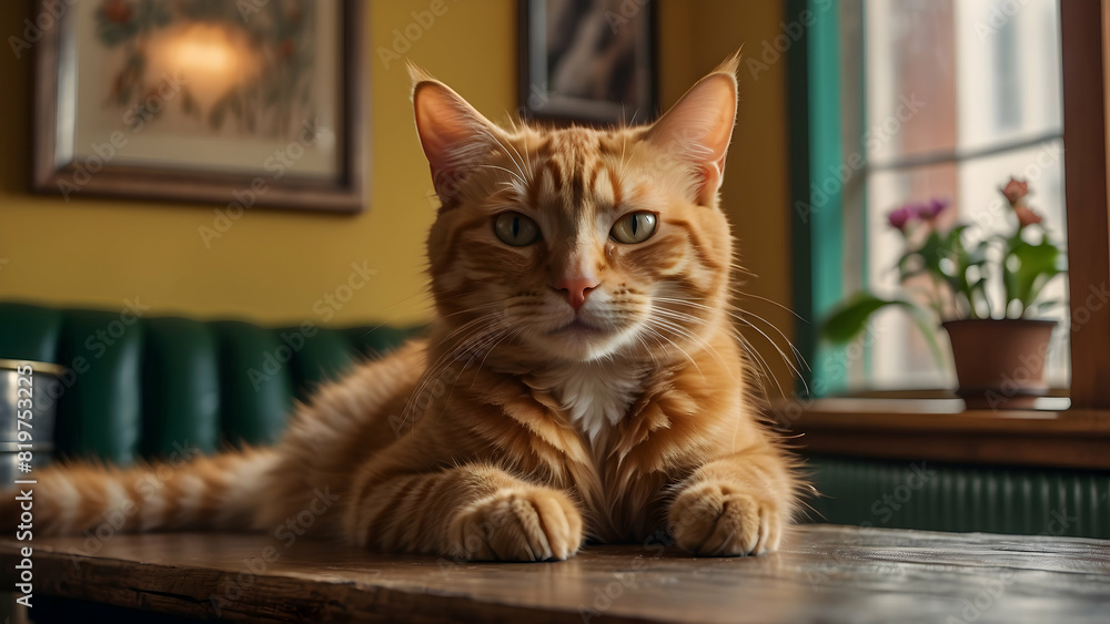 An orange tabby cat relaxes on a wooden surface with a cozy home interior in the background An orange tabby cat relaxes on a wooden surface with a cozy home interior in the background