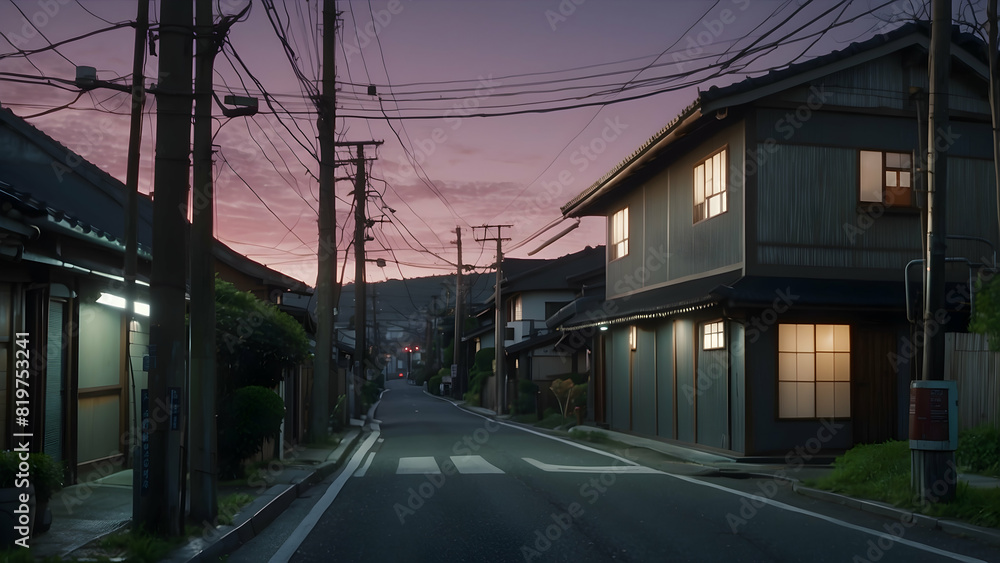 Tranquil scene of a Japanese residential area with traditional houses at dusk Tranquil scene of a Japanese residential area with traditional houses at dusk