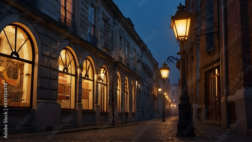 A picturesque European street scene at dusk with glowing street lamps and storefronts in a calm, historic setting
