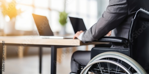 Positive disabled young man in wheelchair working in office. Generative AI.