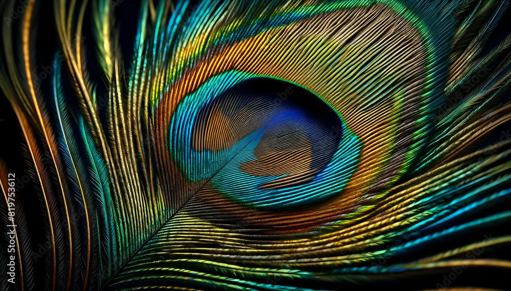 Obraz premium Close-Up of Vibrant Peacock Feather with Iridescent Colors, Close-up of a vibrant peacock feather showcasing iridescent colors and intricate patterns.