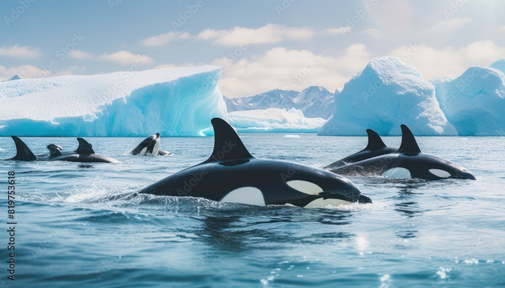 Obraz premium Groups of Orcas or killer whales swim and hunt for prey, the top of the food chain in a sea of ​​ice floes