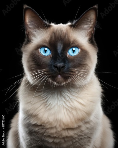 A beautiful close up of a Siamese cat with blue eyes on a black background © NAPATSAWAN