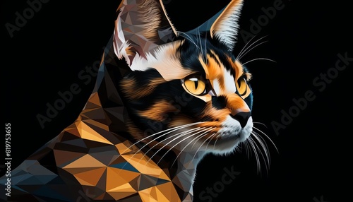 A low poly portrait of a cat in warm colors with a black background. The cat should be looking to the right of the frame. Include the whiskers.