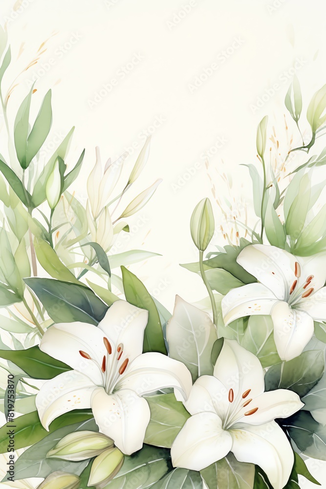 An elegant watercolor painting of a bouquet of white lilies An elegant watercolor painting of a bouquet of white lilies