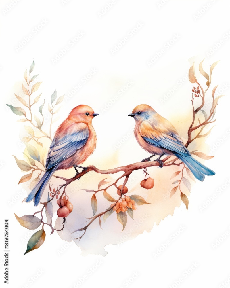 Beautiful watercolor painting of two birds perched on a branch with delicate leaves and flowers, showcasing nature's tranquility.
