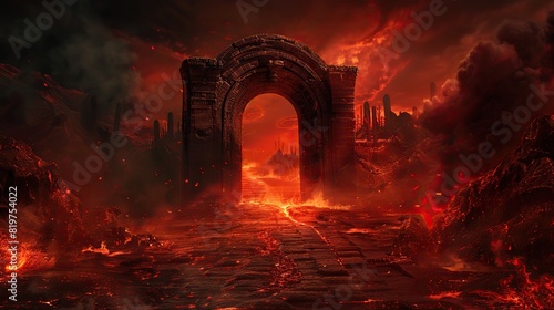 Fiery gate of hell with flowing lava photo
