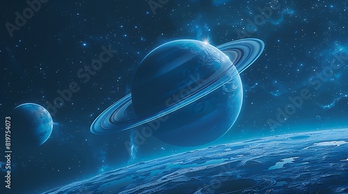 blue planet with rings in space, glowing moon photo