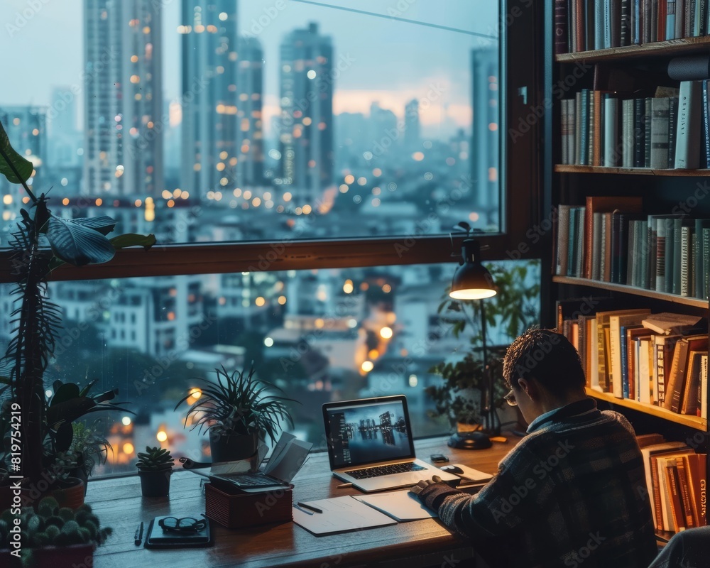 Remote work setup with a sophisticated home office, person typing on a laptop, Remote work setup with a sophisticated home office, person typing on a laptop,