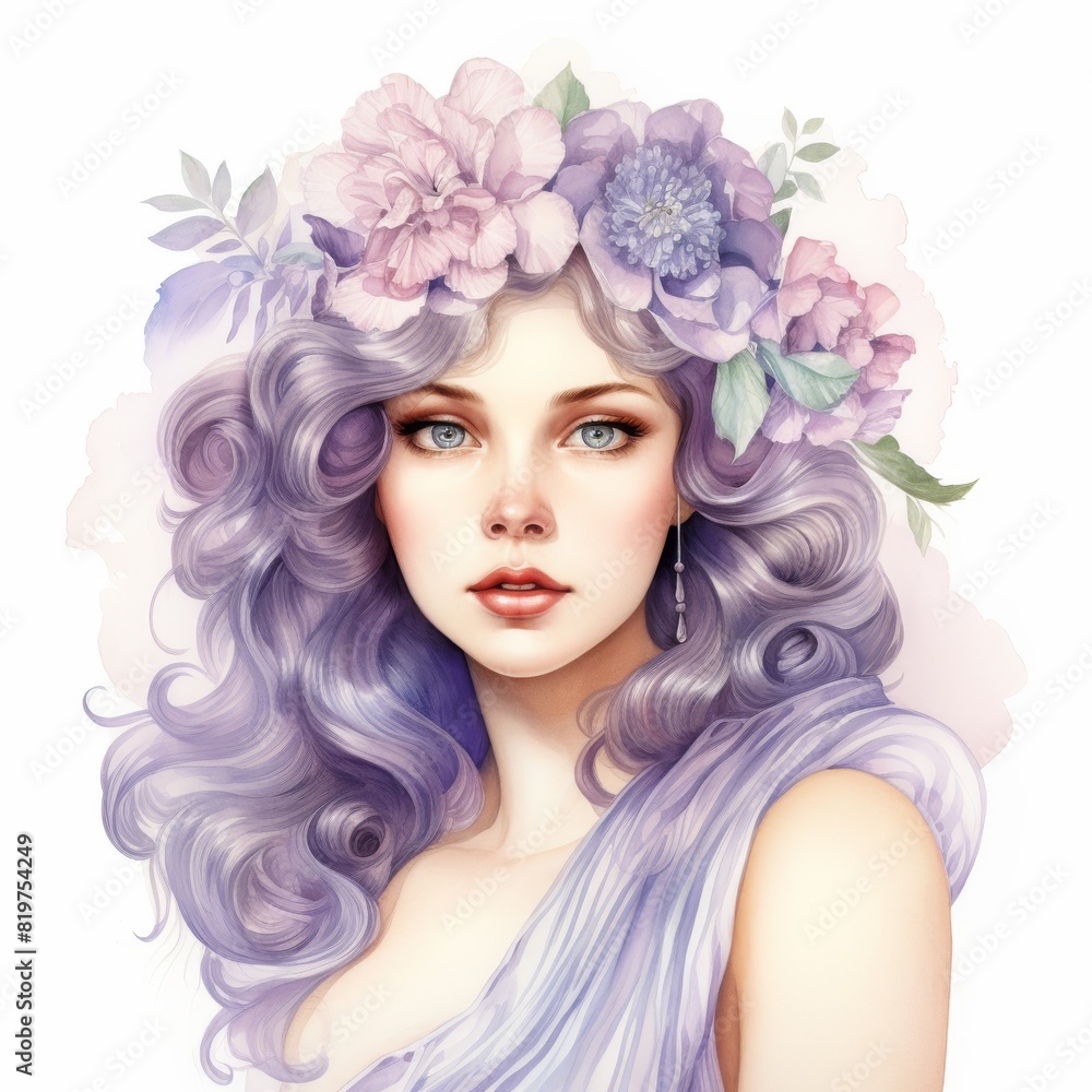 Fototapeta premium Elegant woman with pastel purple hair adorned with flowers, showcasing beauty and femininity in a soft, artistic portrait.