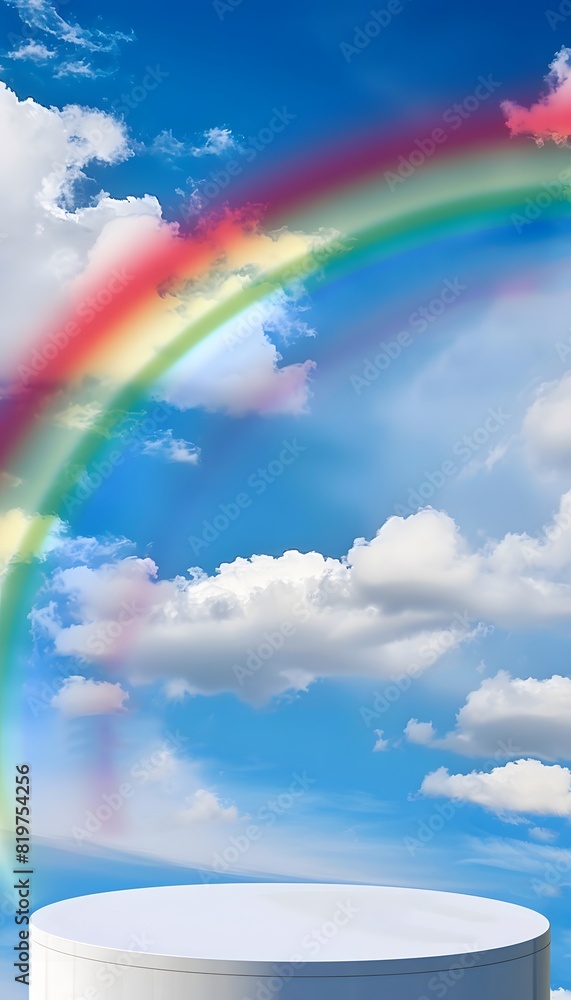 white podium with blue sky background and rainbow in the clouds white podium with blue sky background and rainbow in the clouds