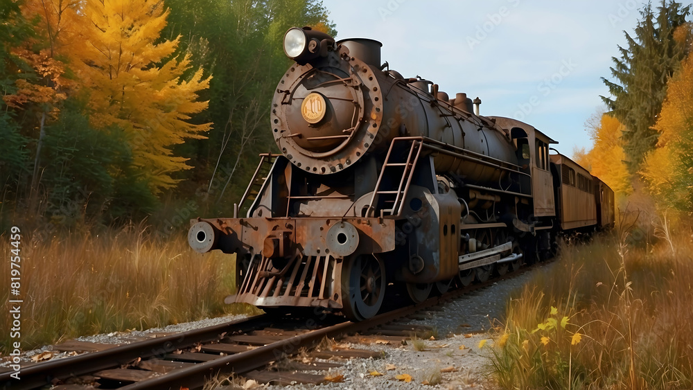 Fototapeta premium An abandoned, rust-covered steam locomotive sits on tracks surrounded by autumn foliage