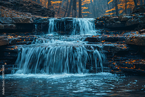 A waterfall with murky water pouring over rocks with lights that create a magical glow