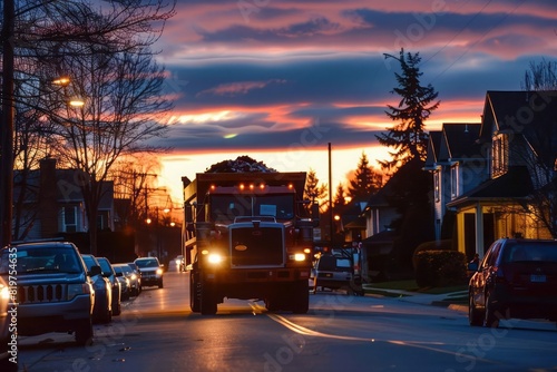 A modern garbage truck on a city street during the evening