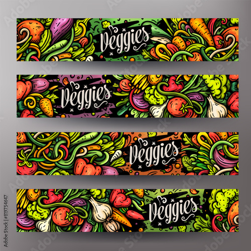 Cartoon vector doodle set of Fresh Vegetables banners templates. Corporate identity for the use on apps, branding, flyers, web design. Funny veggies colorful illustration