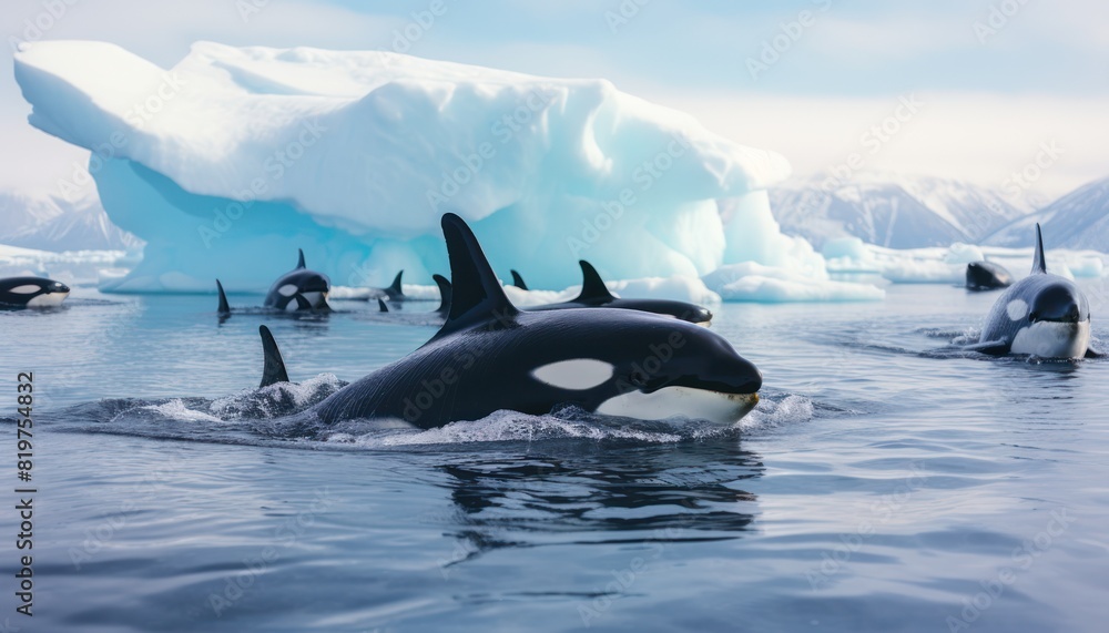 Fototapeta premium Groups of Orcas or killer whales swim and hunt for prey, the top of the food chain in a sea of ​​ice floes