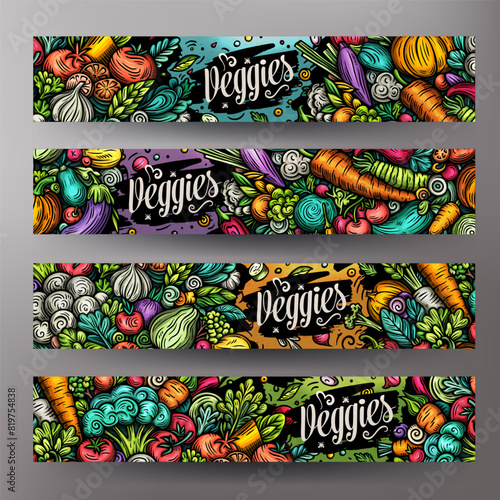 Cartoon vector doodle set of Fresh Vegetables banners templates. Corporate identity for the use on apps, branding, flyers, web design. Funny veggies colorful illustration