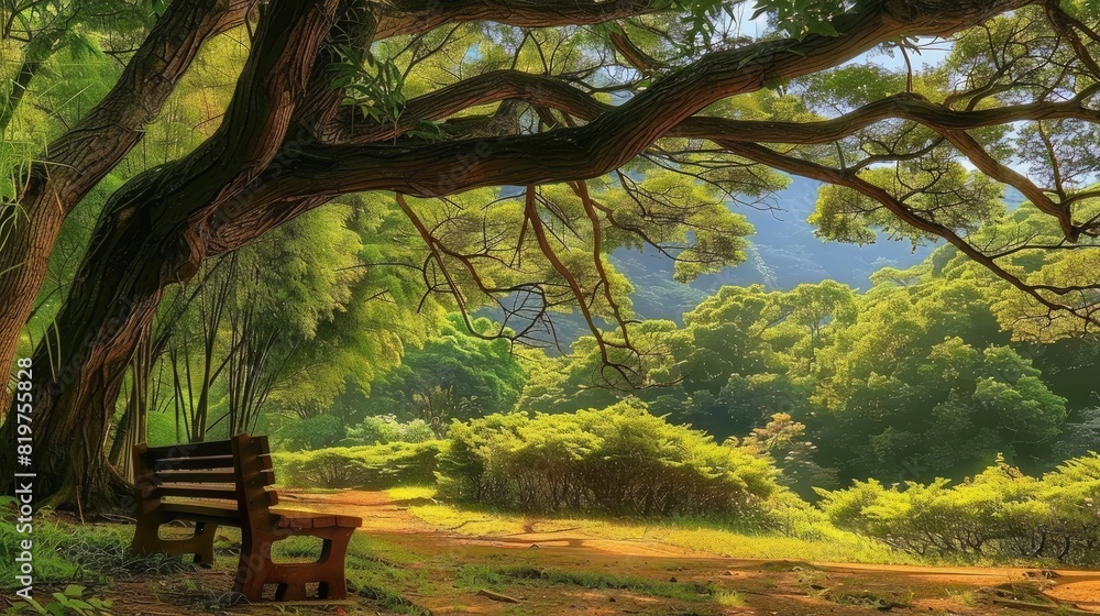 A serene park at sunrise, featuring an old oak tree next to a wooden bench, bathed in morning light filtering through green foliage
