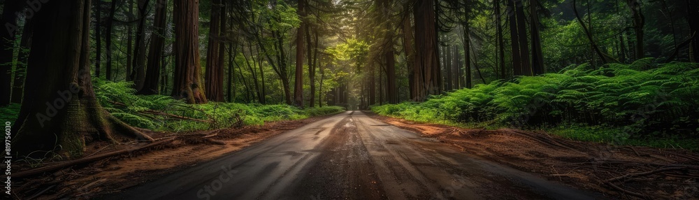 A serene, unpaved road enveloped by the lush greenery of a rainforest, offering a peaceful escape into nature A serene, unpaved road enveloped by the lush greenery of a rainforest, offering a peaceful escape into nature