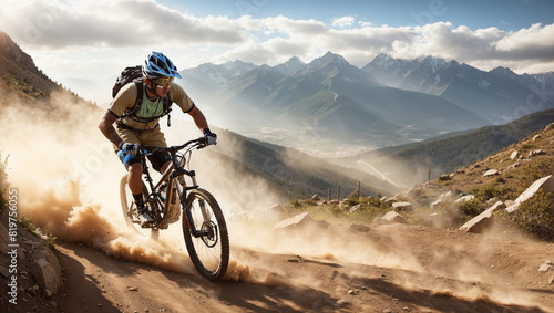 A person is riding a mountain bike down a rocky trail