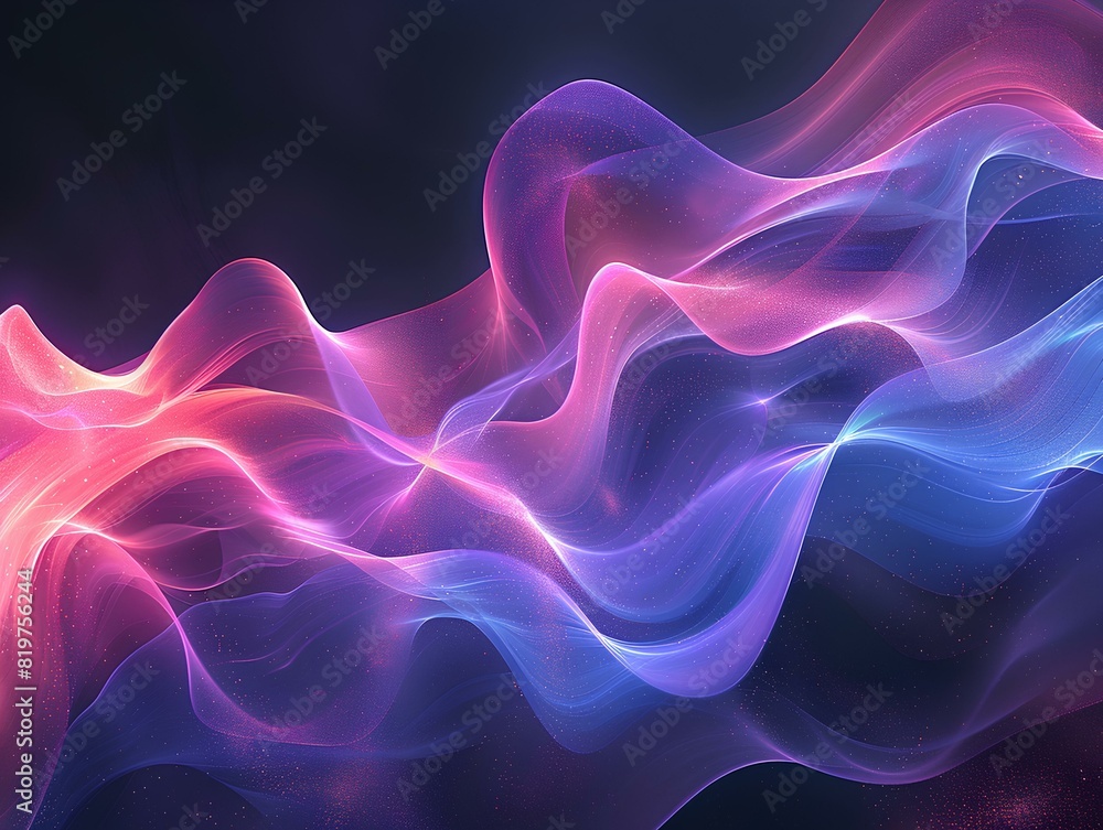 A vibrant and abstract digital artwork featuring flowing waves of color in shades of pink, purple, and blue, creating a mesmerizing and dynamic landscape. 