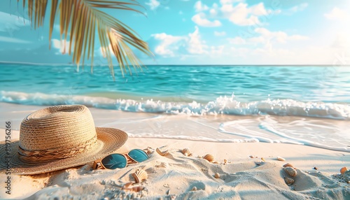 Serene tropical beach scene with a straw hat and sunglasses on the sand, inviting you to relax under the warm sun and swaying palm leaves. © owen