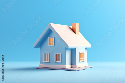 A small 3D house on a blue background. 3D illustration 