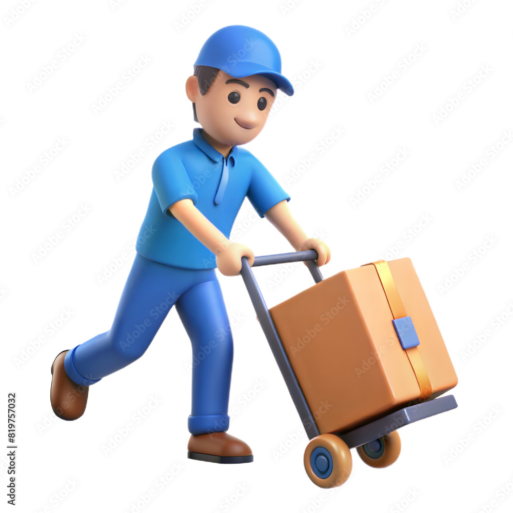 Delivery Person Icon: A 3D-rendered icon of a delivery person carrying a package or pushing a dolly, symbolizing courier services and doorstep delivery in logistics. Delivery Person Icon: A 3D-rendered icon of a delivery person carrying a package or pushing a dolly, symbolizing courier services and doorstep delivery in logistics.