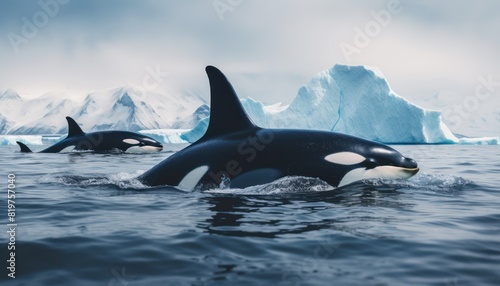 Groups of Orcas or killer whales swim and hunt for prey  the top of the food chain in a sea of       ice floes