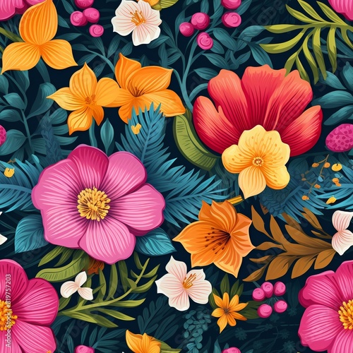 The image shows a beautiful floral pattern with various types of flowers and leaves. The colors are vibrant and bright  and the design is intricate and detailed.