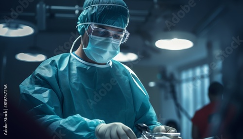 Surgeon performing a delicate operation in a hospital operating room. photo