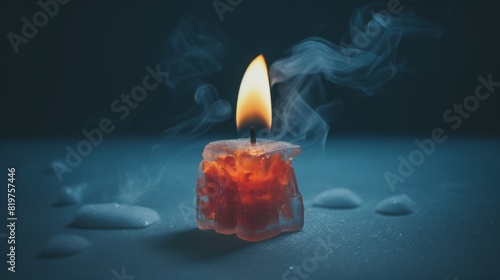 The photo shows a candle burning on a dark background. The candle is made of ice and is melting. There is water on the table around the candle. photo