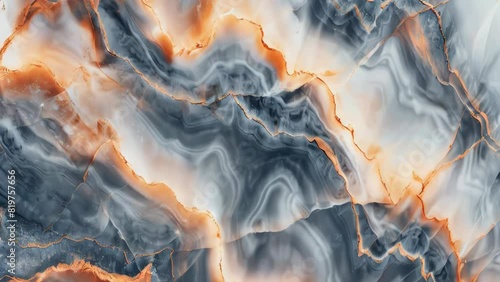A blue and white marble with orange streaks. The marble is textured and has a unique pattern