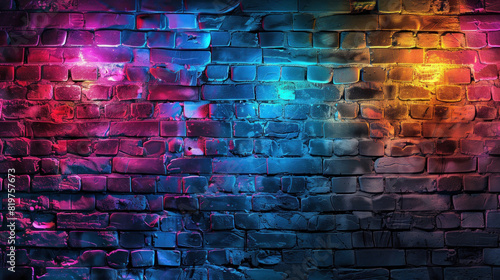 Old brick wall, neon colorful design for wallpaper background illustration, Empty Scene Neon Light Background photo