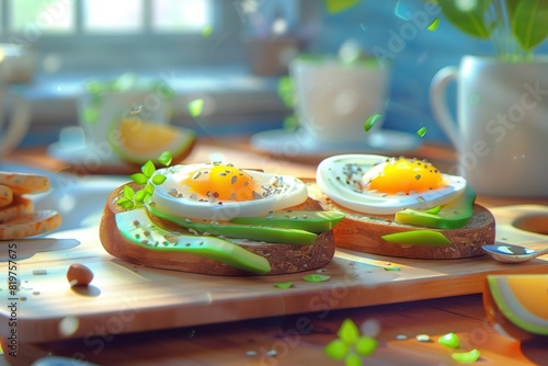 yummy breakfast with sunny side up eggs, avocado and toast photo
