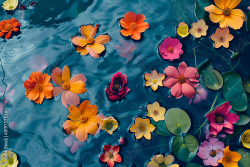 multi-colored flowers on the surface of the water. view from above. wallpaper. Floral , Nature-inspired backdrop, Botanical art, Tranquil Zen garden ambiance,Calming