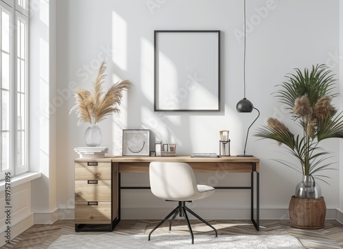 3D render Frame blank mockup. Home Office wall poster mockup. Interior mockup with background. Modern interior design.